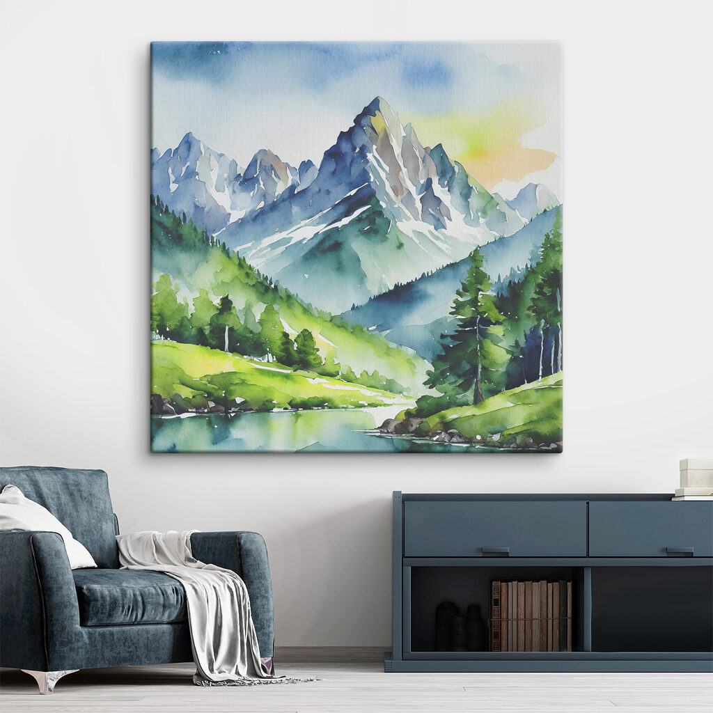 Watercolor of a mountain river and trees