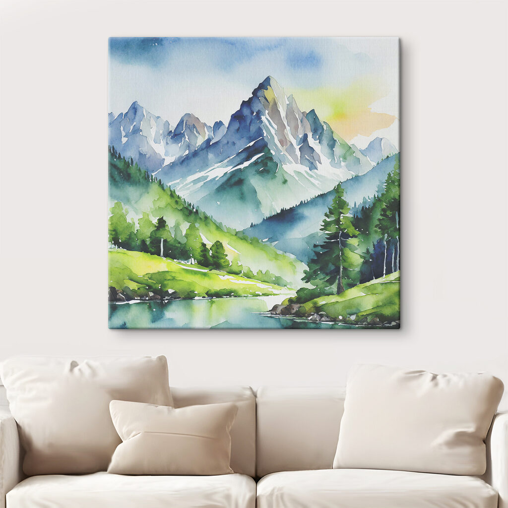 Watercolor of a mountain river and trees