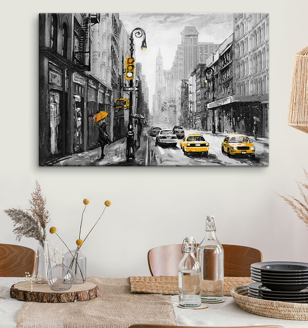 A woman walking down a street with yellow cars and a woman holding an umbrella A woman walking down a street with yellow cars and a woman holding an umbrella