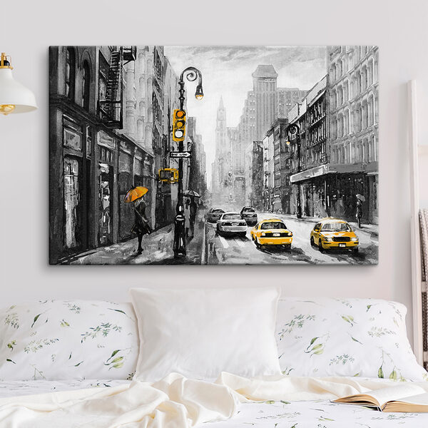 A woman walking down a street with yellow cars and a woman holding an umbrella A woman walking down a street with yellow cars and a woman holding an umbrella