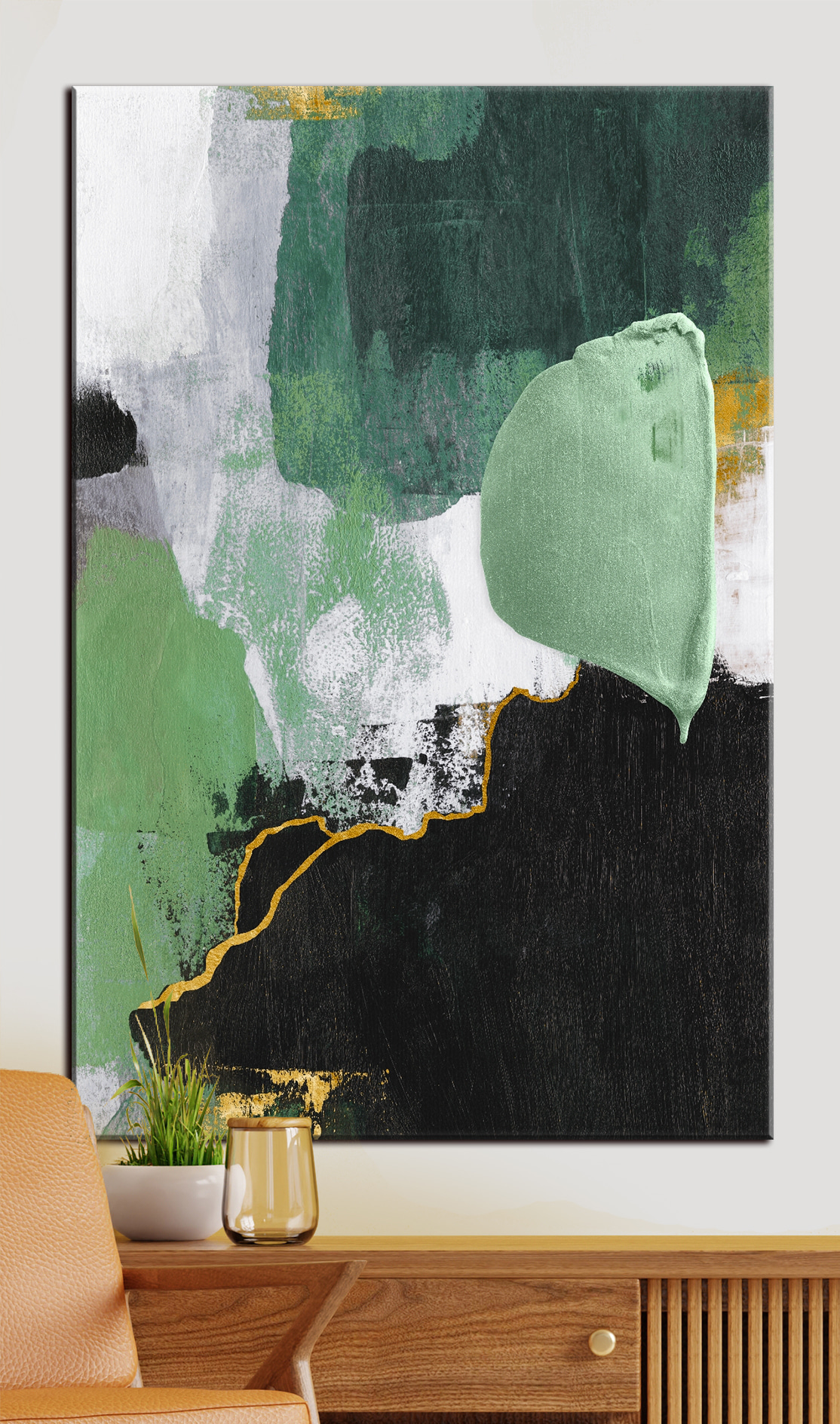 A painting of green and white