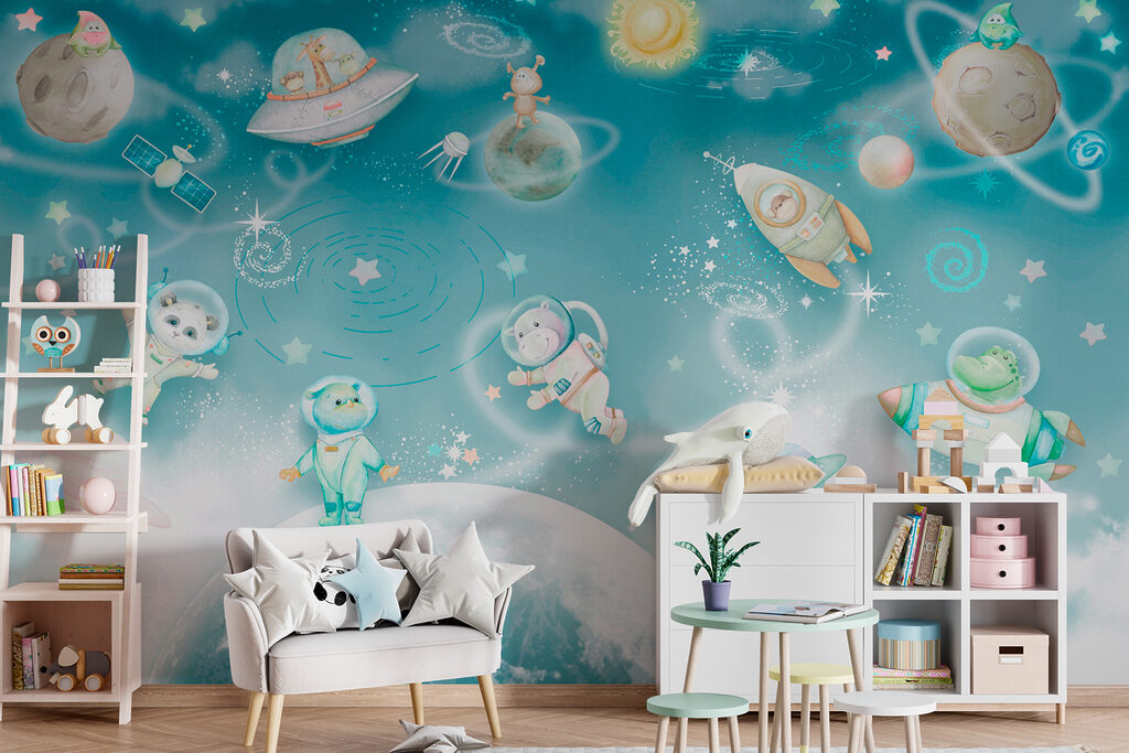 A cartoon space scene with planets and stars A cartoon space scene with planets and stars