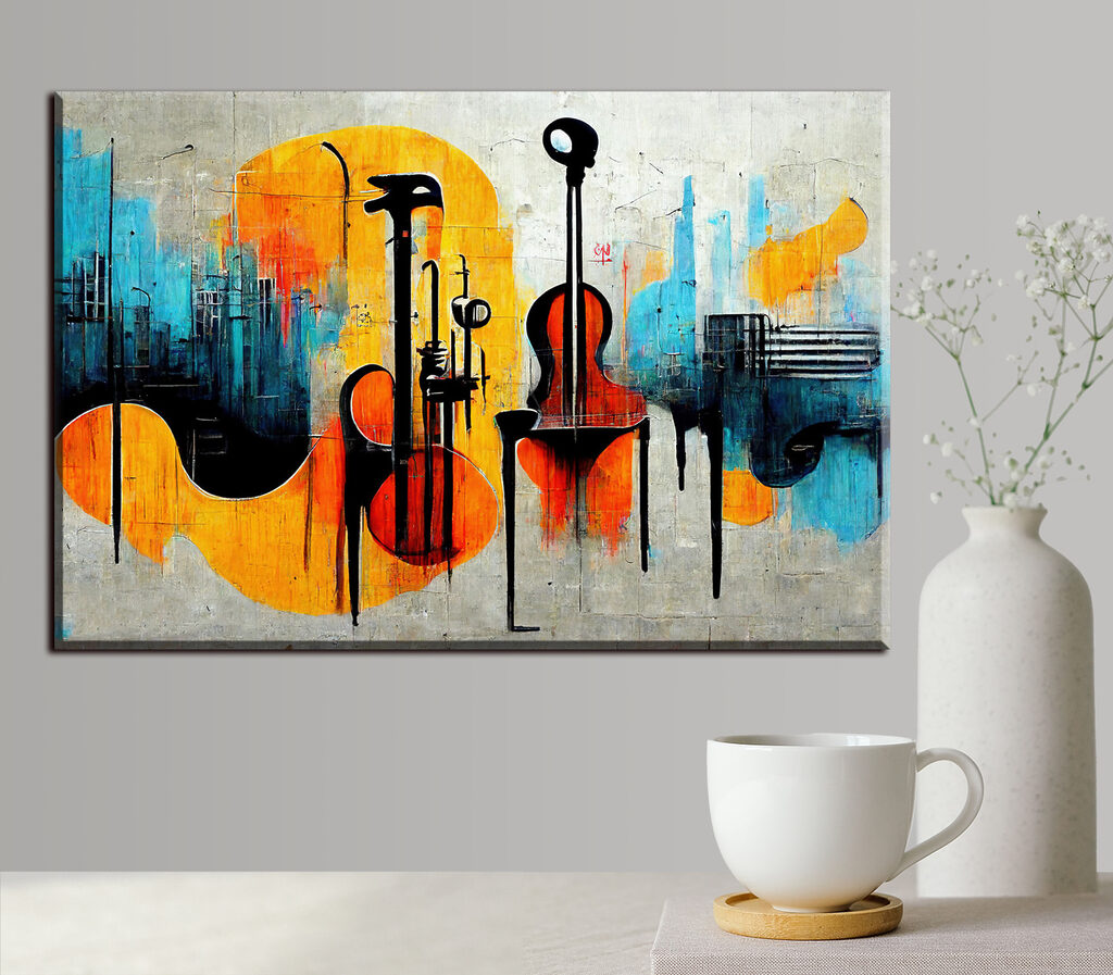A painting of guitars and instruments