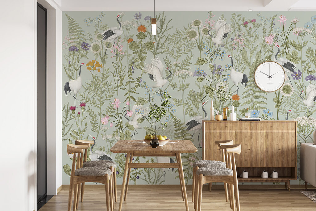 A wallpaper with birds and plants