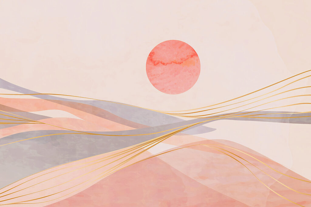 A pink and grey waves with a red sun