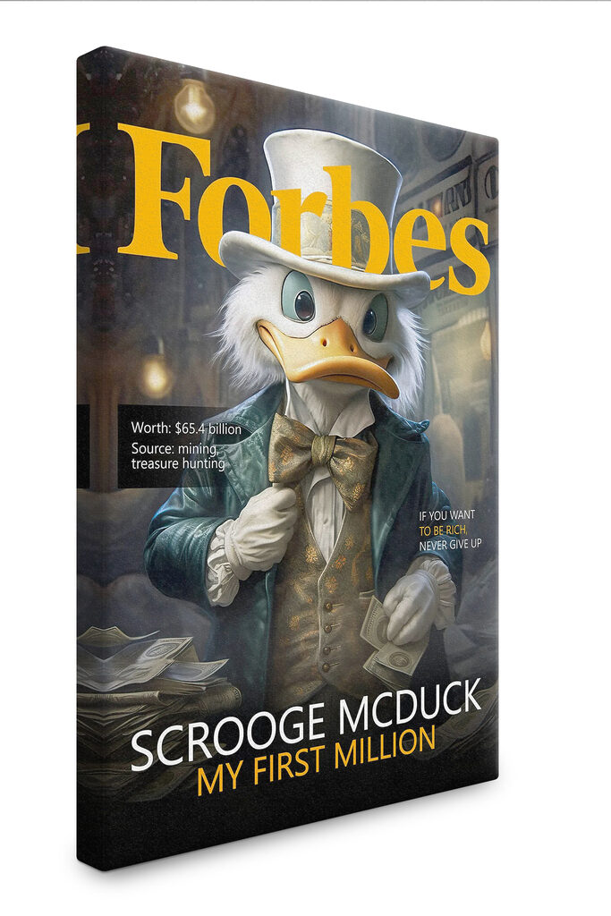 A duck wearing a suit and a bow tie holding money