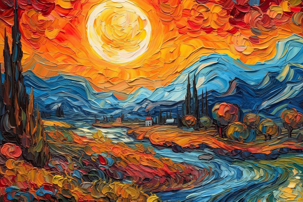 A painting of a landscape with a river and mountains