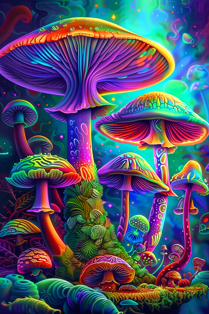 A group of colorful mushrooms