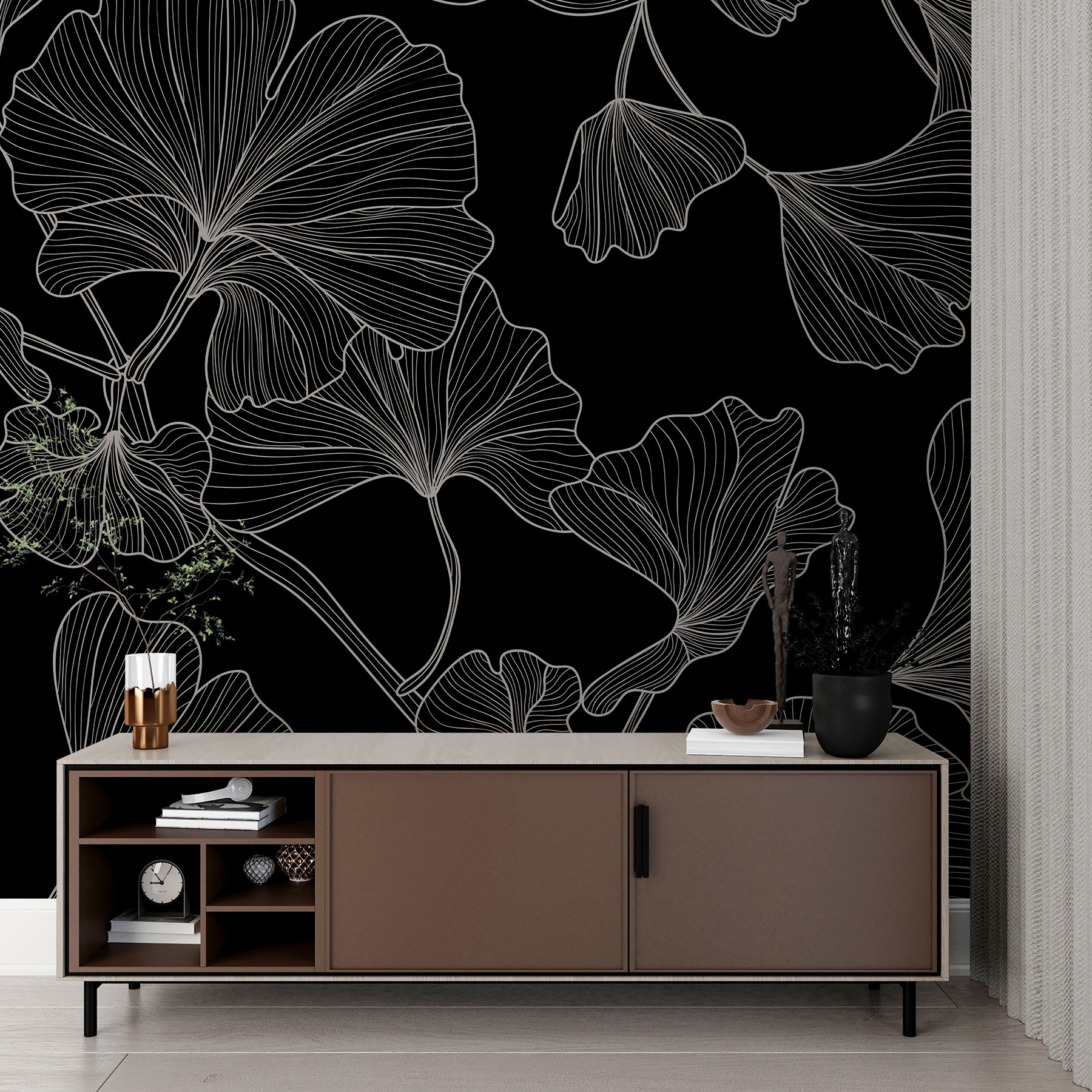 A black and white pattern of leaves