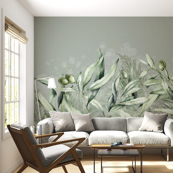 A painting of green leaves and olives