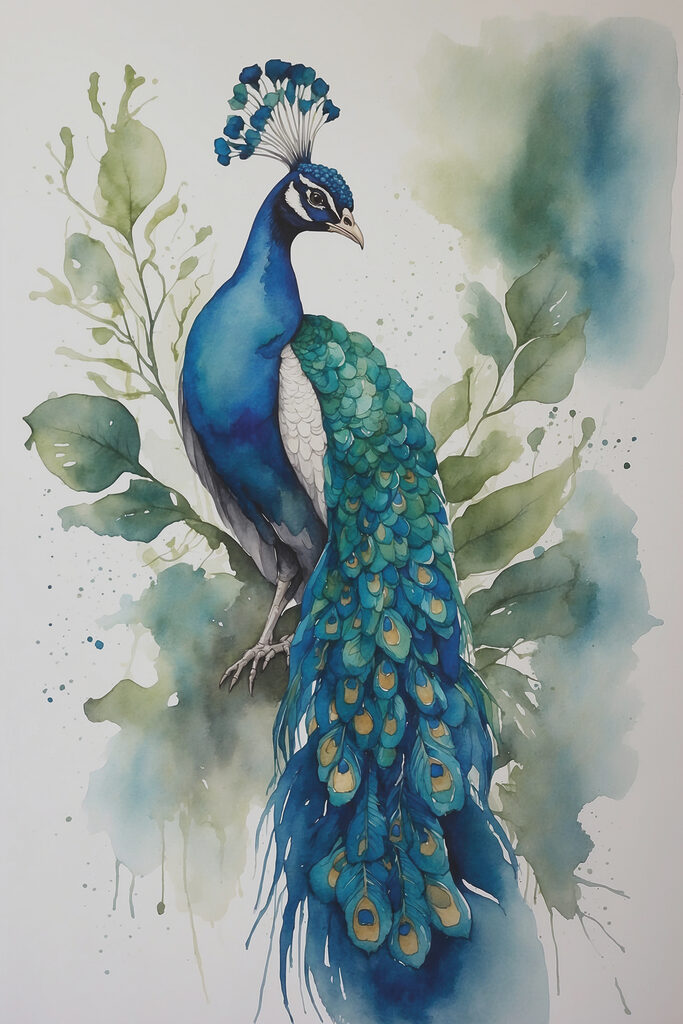 A watercolor of a peacock