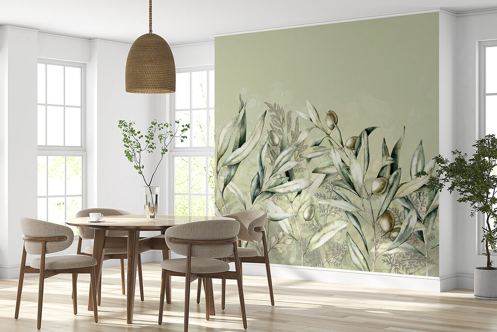 A painting of olives and leaves