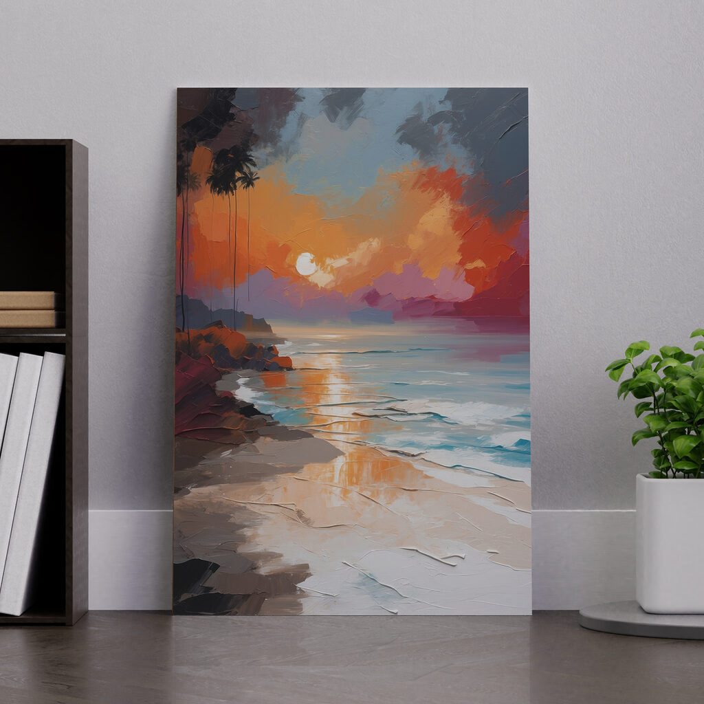 A painting of a beach with palm trees and a sunset