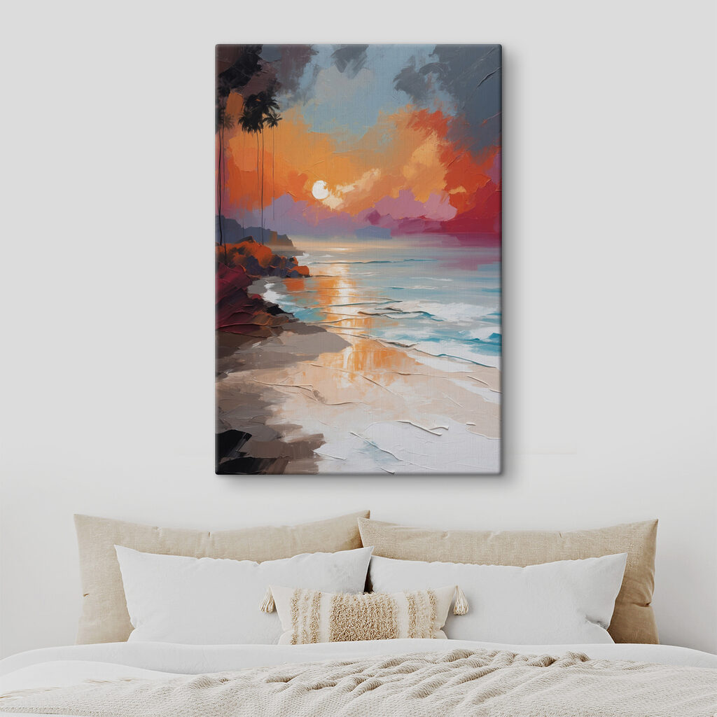 A painting of a beach with palm trees and a sunset