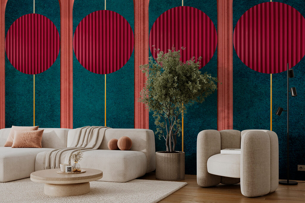 A wall with red circles and blue and green walls