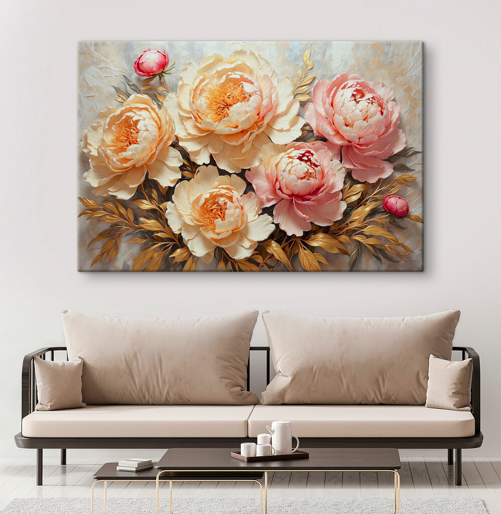 Peonies blooming amid lush foliage