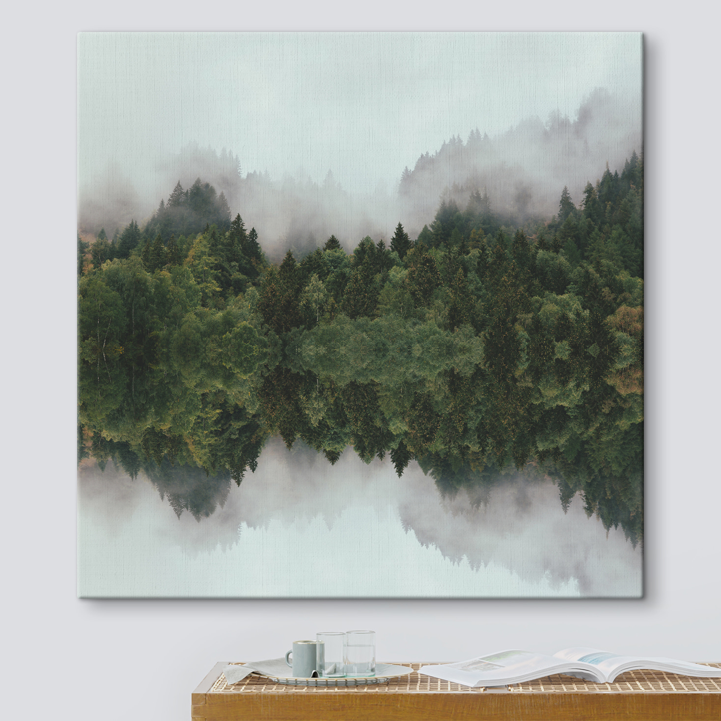 A reflection of trees in the water