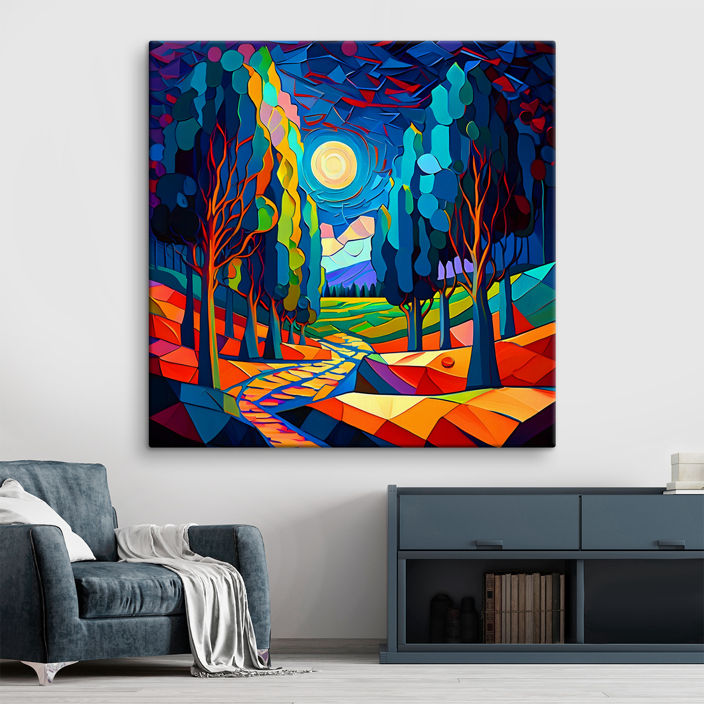 A colorful landscape with trees and a path