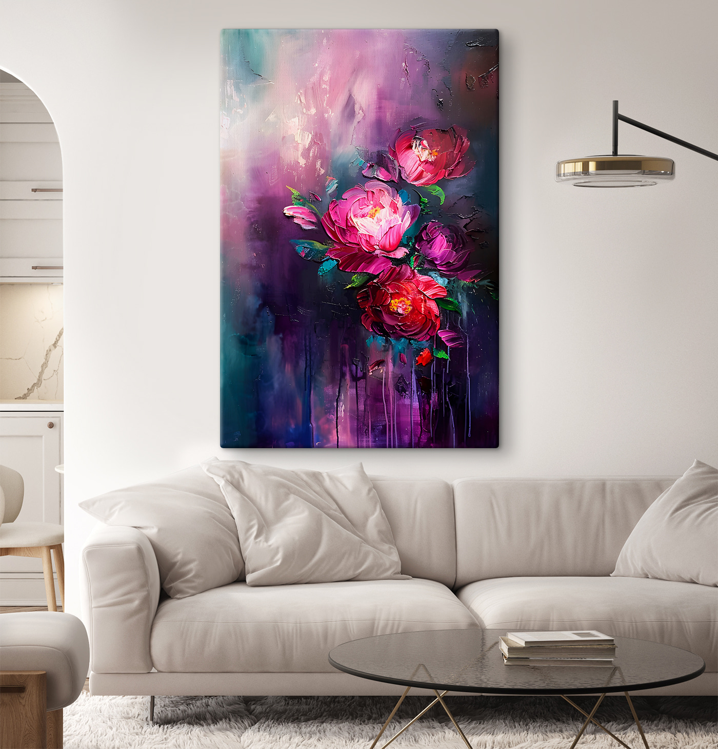 A painting of flowers on a purple background A painting of flowers on a purple background