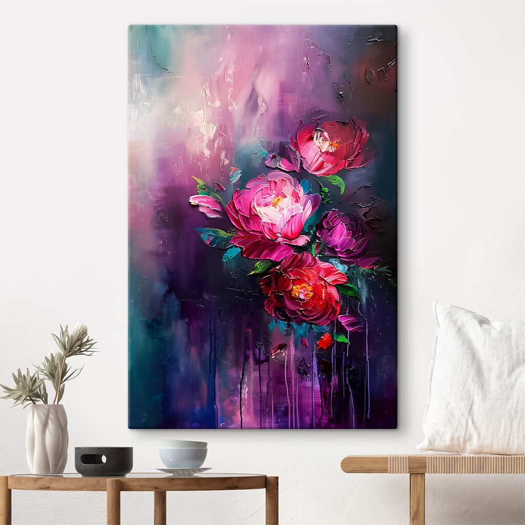 A painting of flowers on a purple background A painting of flowers on a purple background