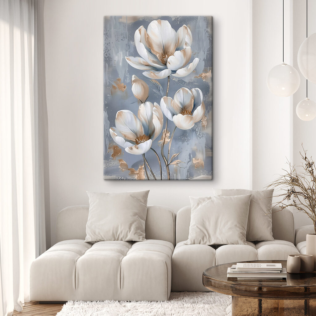 A painting of flowers on a blue background A painting of flowers on a blue background