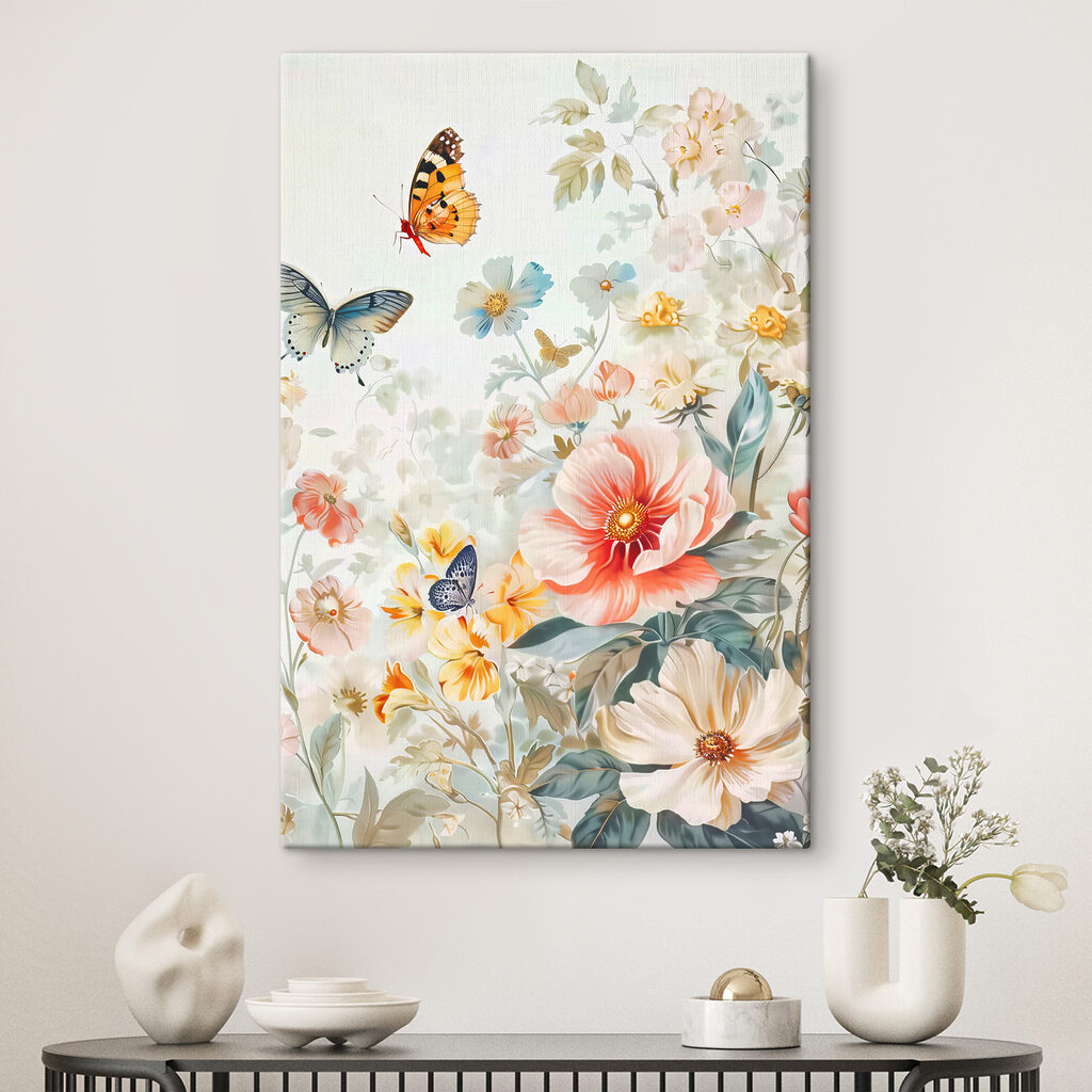 A painting of flowers and butterflies A painting of flowers and butterflies