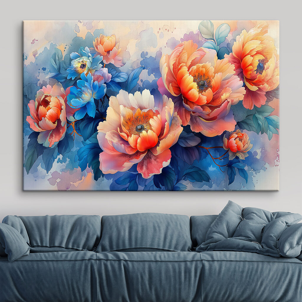 A painting of flowers on a blue background A painting of flowers on a blue background