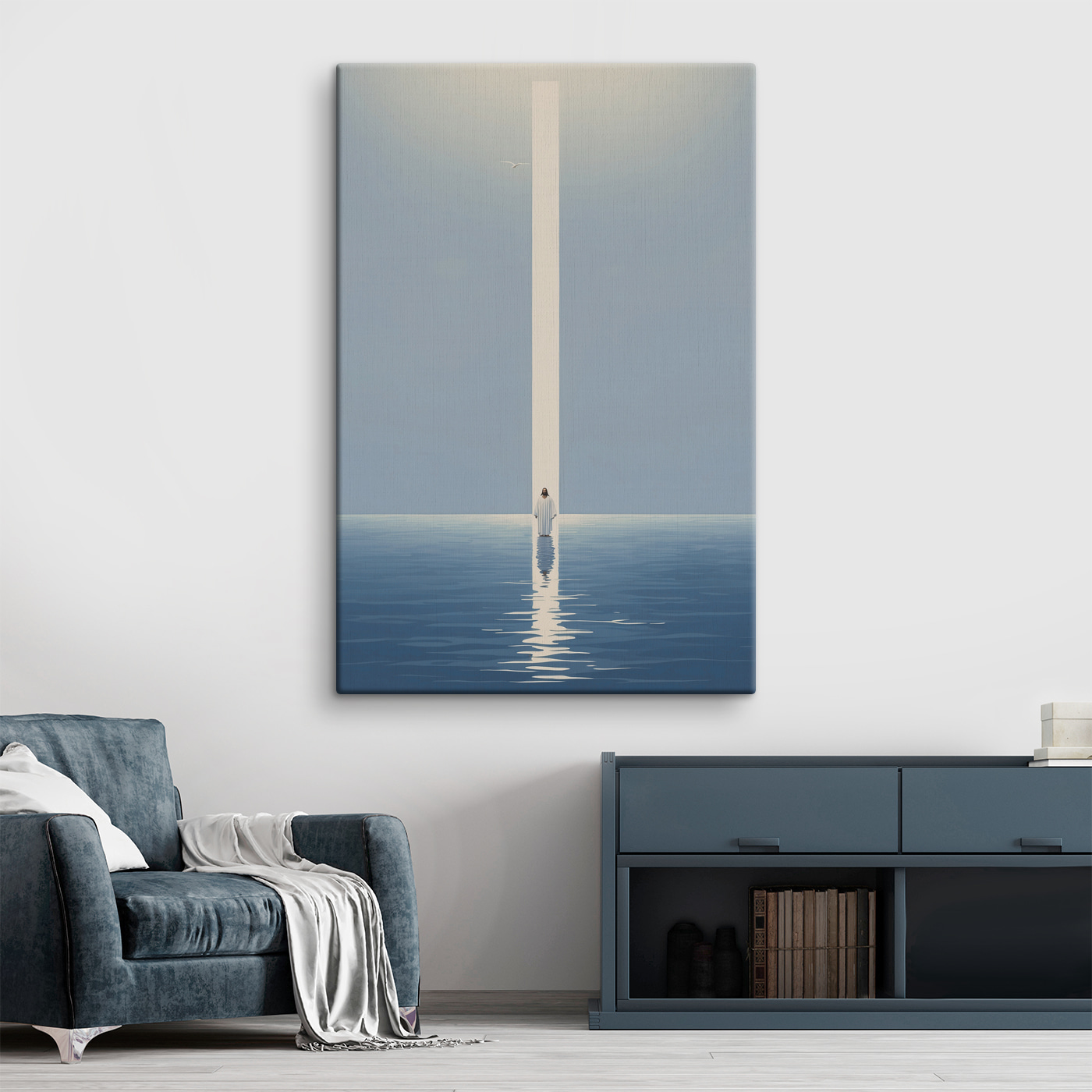 A person standing in water with a light beam