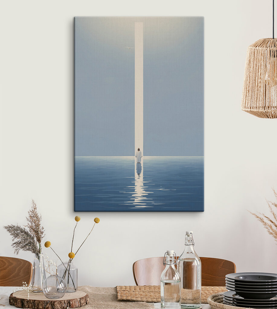 A person standing in water with a light beam