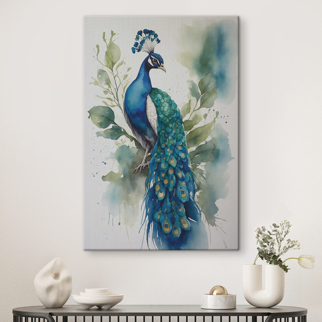 A watercolor of a peacock
