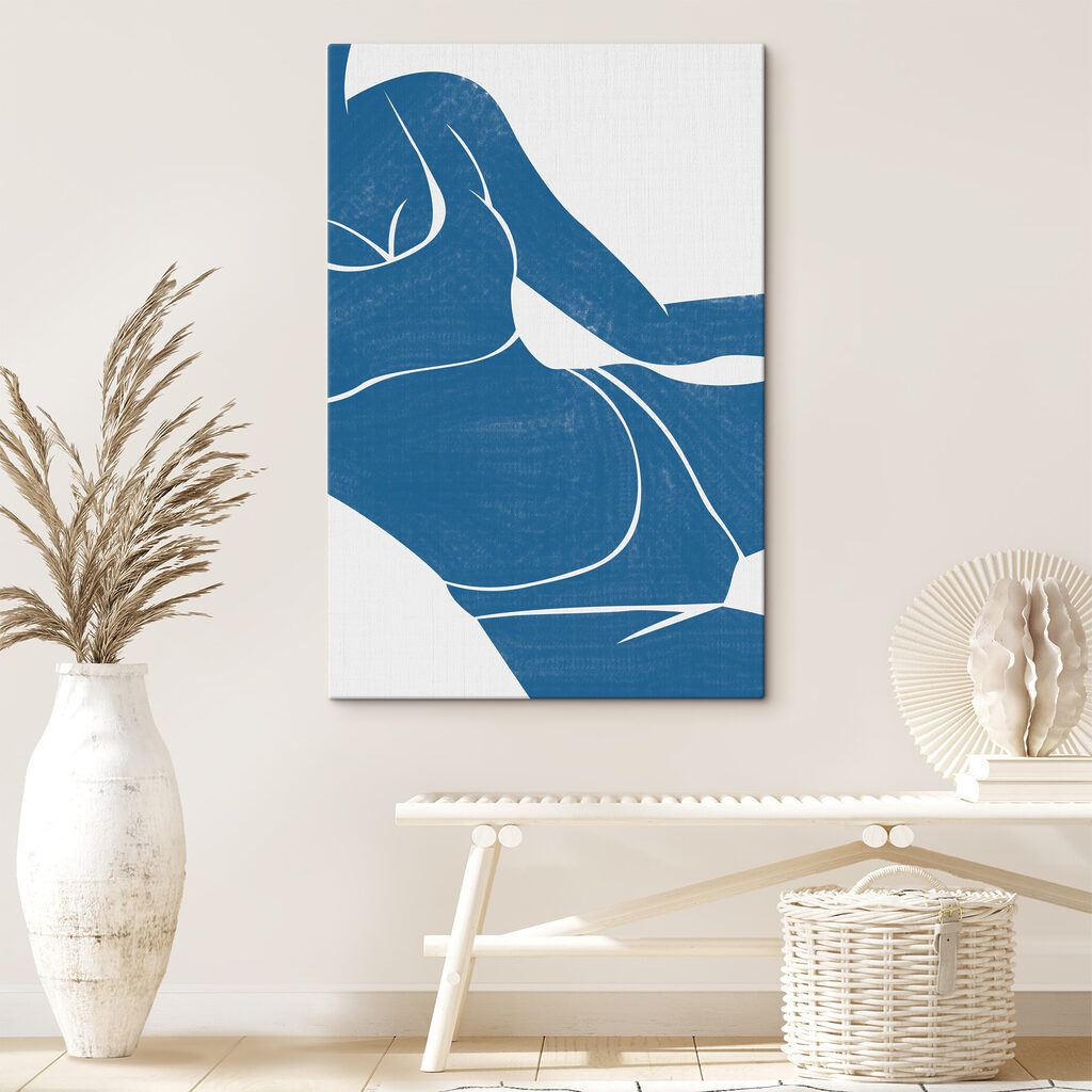 A blue and white drawing of a woman's body A blue and white drawing of a woman's body