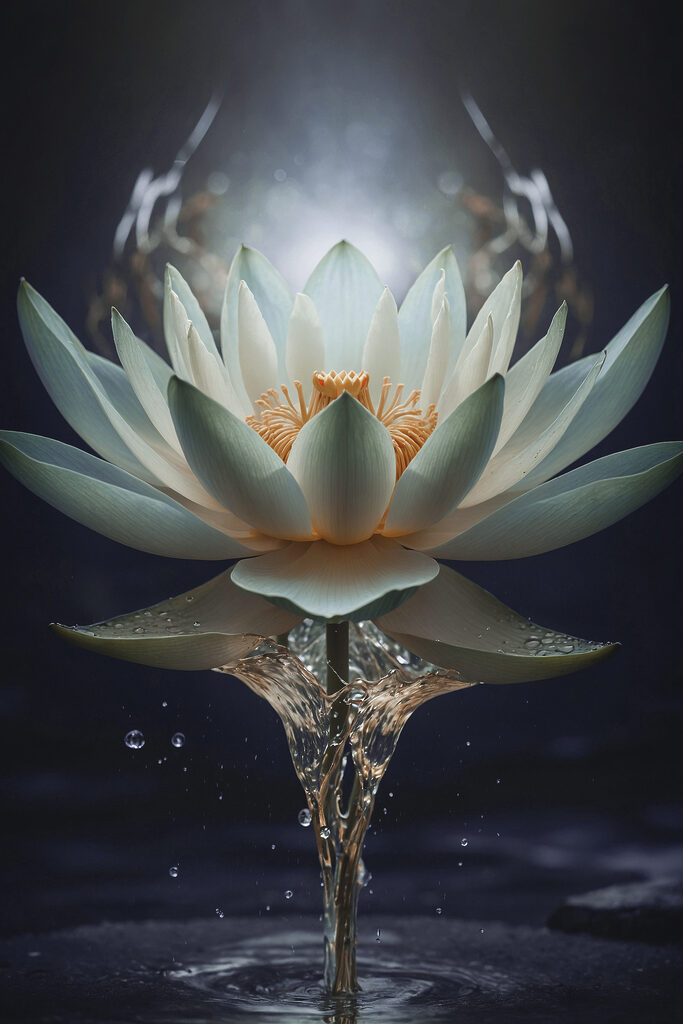 A white flower with yellow center and water splashing out