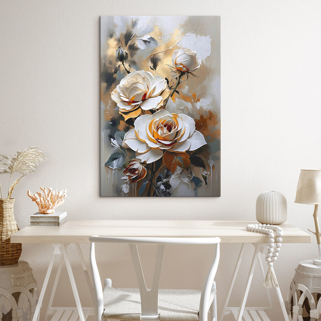 A painting of white roses