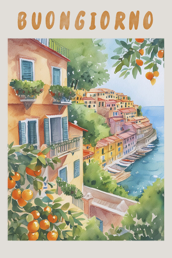 Watercolor painting of a town by the water