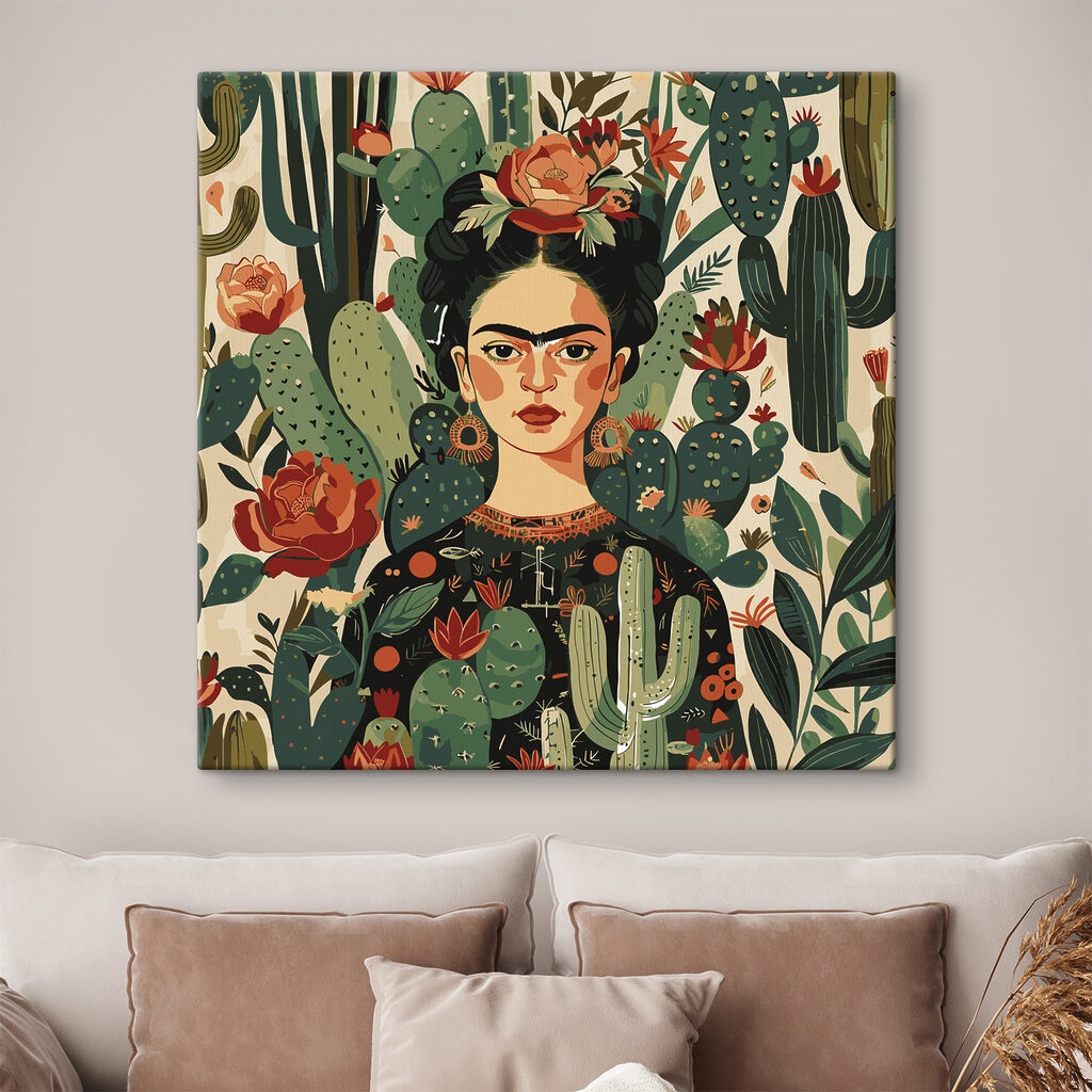 A painting of a woman with cactuses