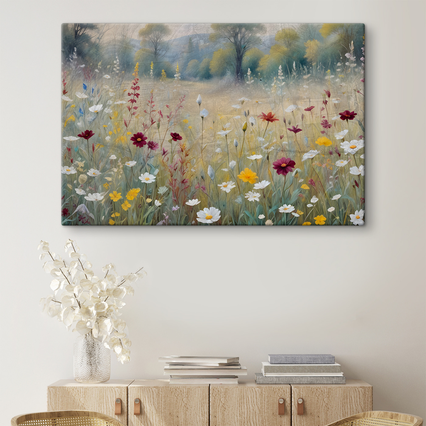 A painting of flowers in a field