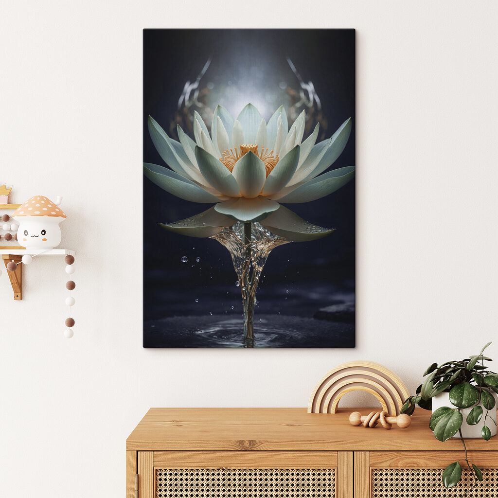 A white flower with yellow center and water splashing out