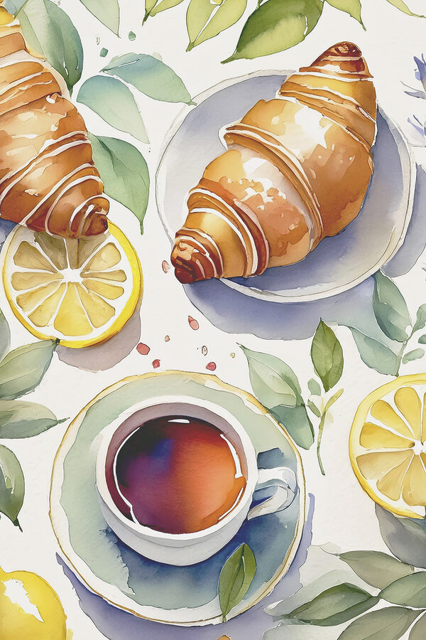 Akvarell egy croissant és egy csésze tea Akvarell egy croissant és egy csésze tea
