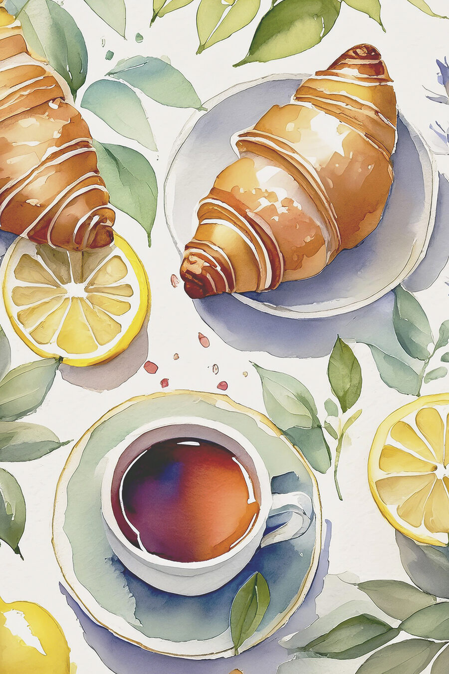 Akvarell egy croissant és egy csésze tea
