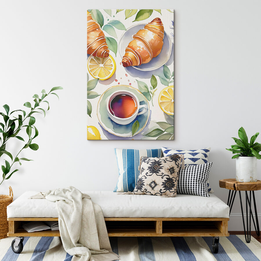 Akvarell egy croissant és egy csésze tea