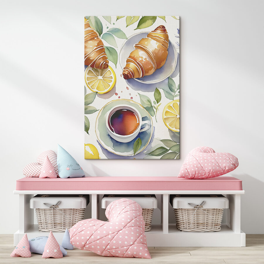 Akvarell egy croissant és egy csésze tea