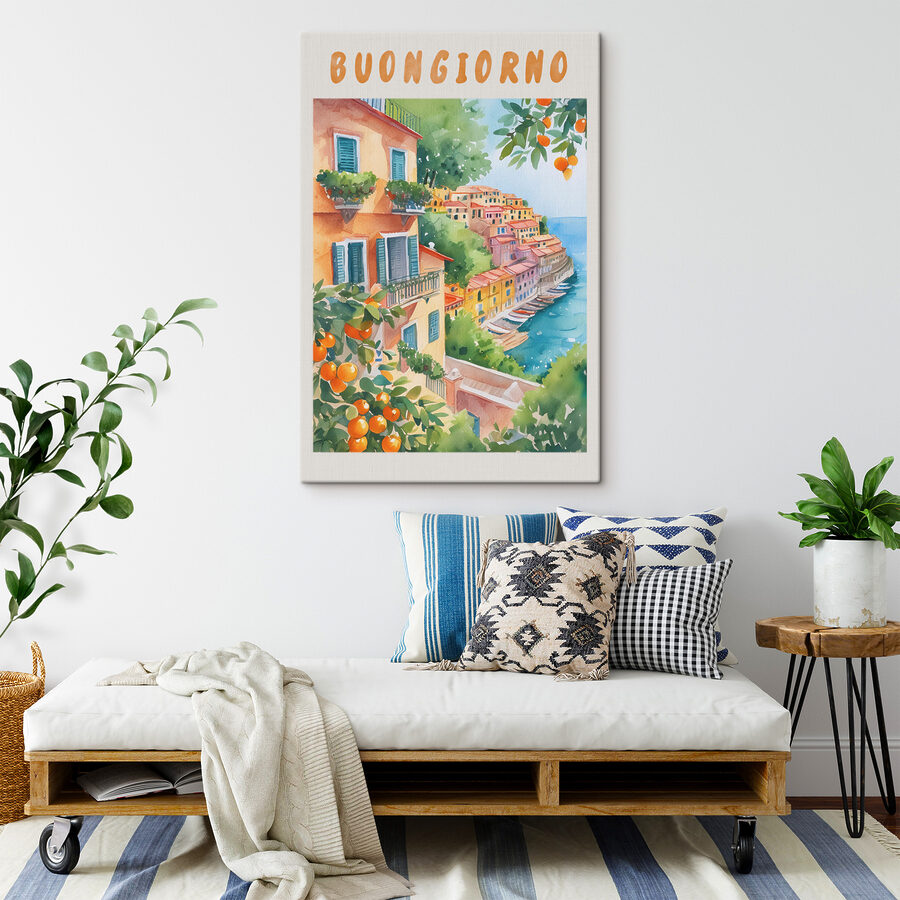 Vízparti város akvarell festménye
