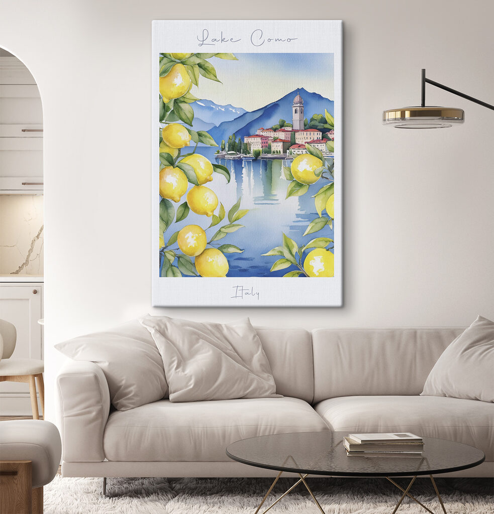 Watercolor painting of a city and mountains with yellow lemons Watercolor painting of a city and mountains with yellow lemons