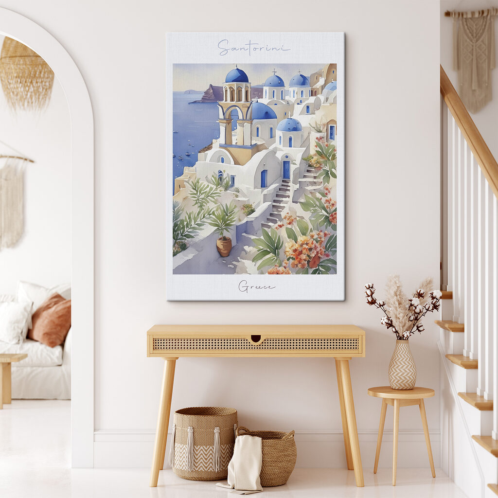 A painting of a white building with blue domes A painting of a white building with blue domes