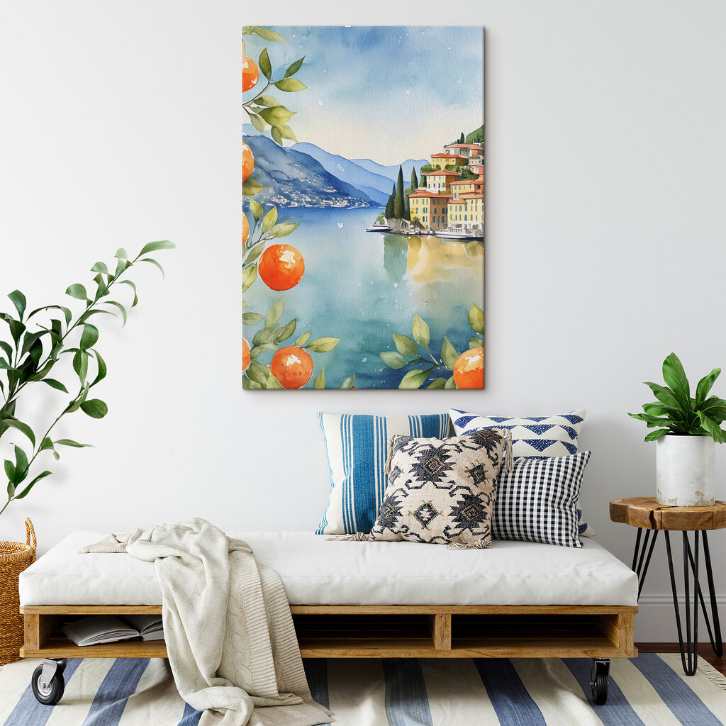 Watercolor of a town next to a body of water Watercolor of a town next to a body of water