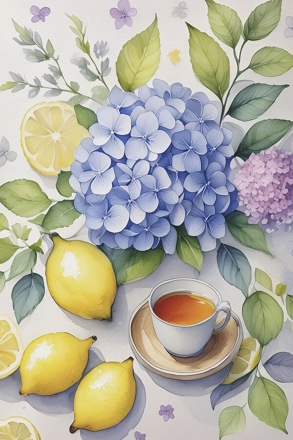 Egy csésze tea és citrom festménye Egy csésze tea és citrom festménye