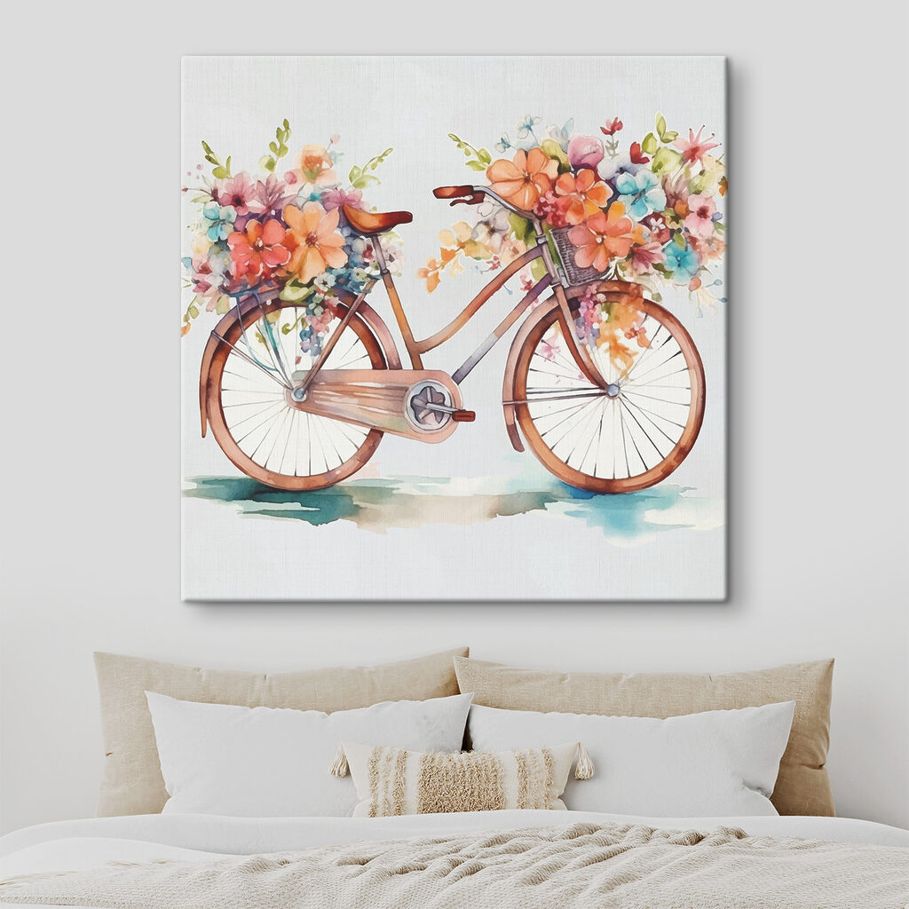 A watercolor painting of a bicycle with flowers on it
