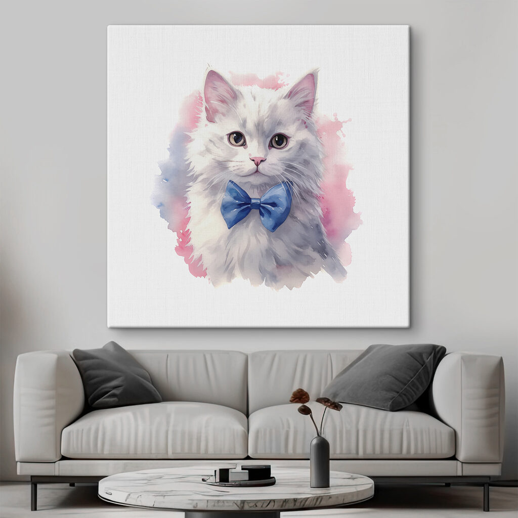 A watercolor of a cat wearing a bow tie
