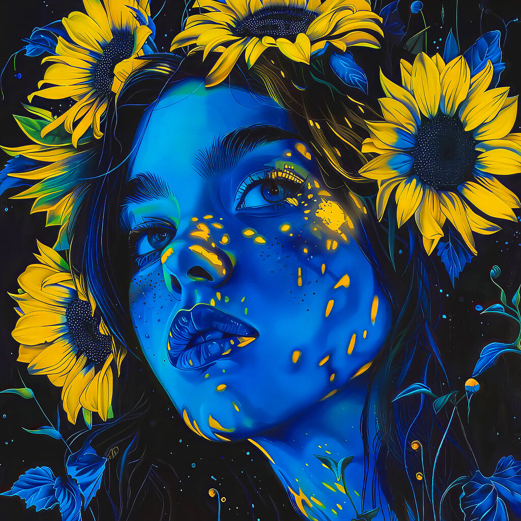 A woman with sunflowers in her hair
