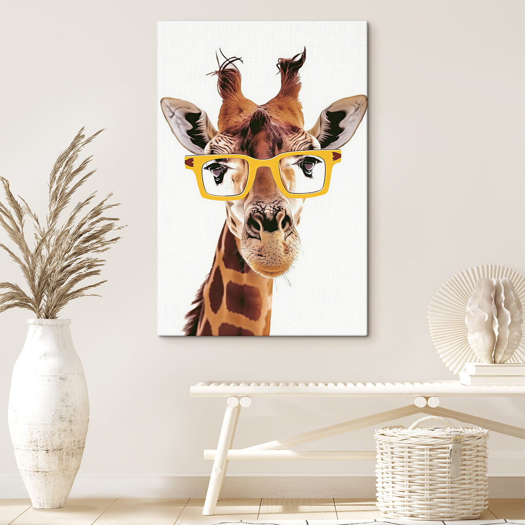 A giraffe wearing yellow glasses